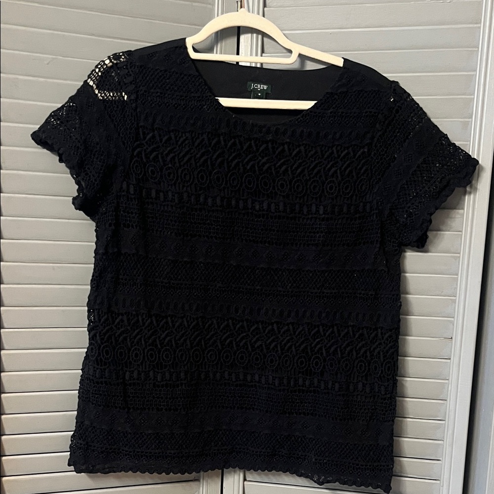 J. Crew Black Cotton Lace Blouse, Round Neck, Short Sleeves, Lined, Size 10 - Picture 3 of 11